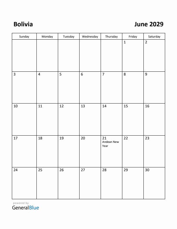 June 2029 Calendar with Bolivia Holidays