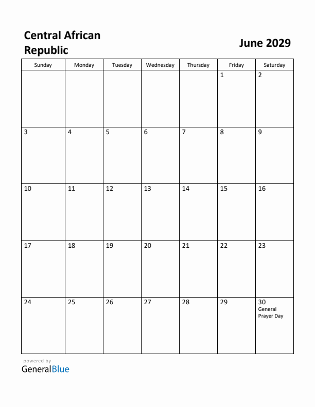 June 2029 Calendar with Central African Republic Holidays