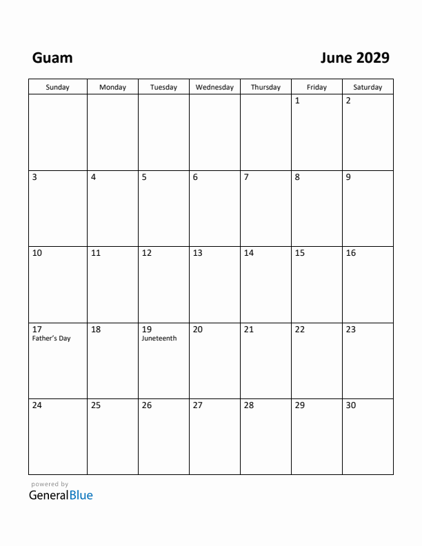 June 2029 Calendar with Guam Holidays