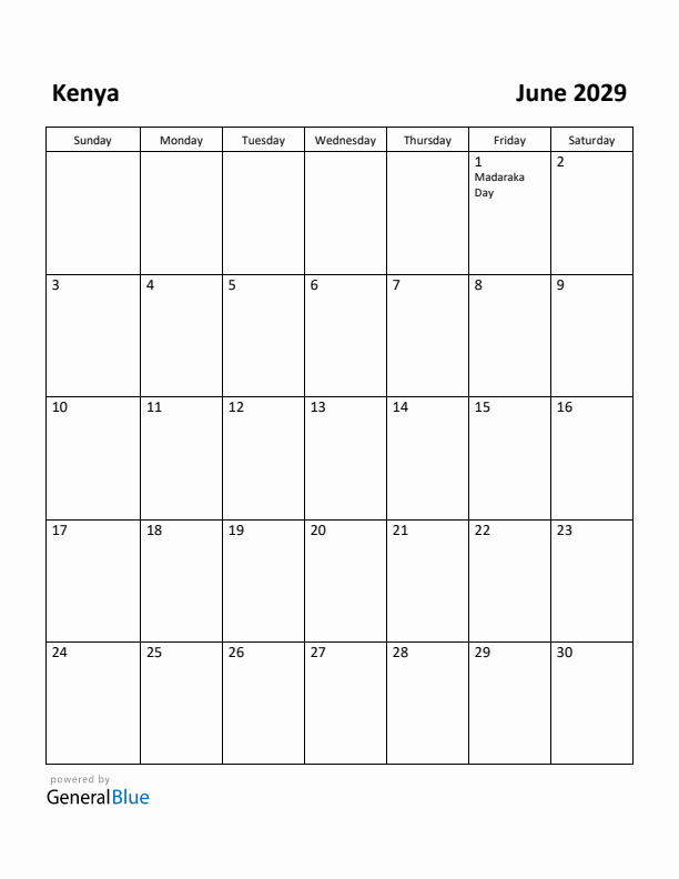 June 2029 Calendar with Kenya Holidays