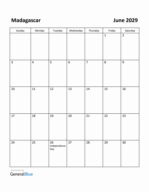June 2029 Calendar with Madagascar Holidays
