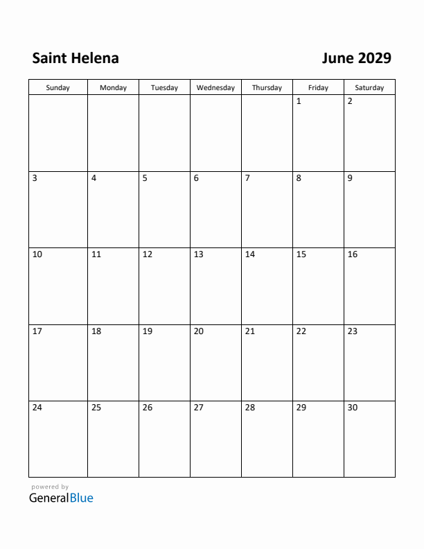 June 2029 Calendar with Saint Helena Holidays