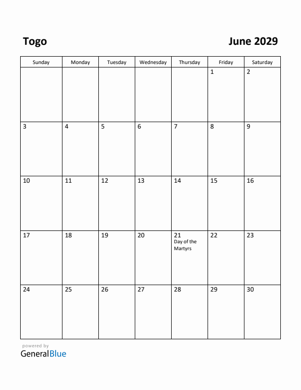 June 2029 Monthly Calendar with Togo Holidays