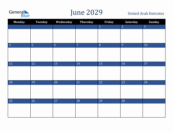 June 2029 United Arab Emirates Calendar (Monday Start)