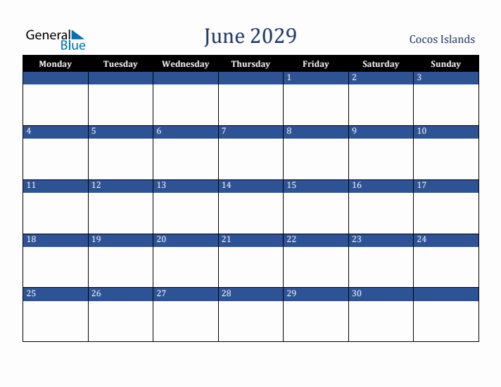 June 2029 Cocos Islands Calendar (Monday Start)