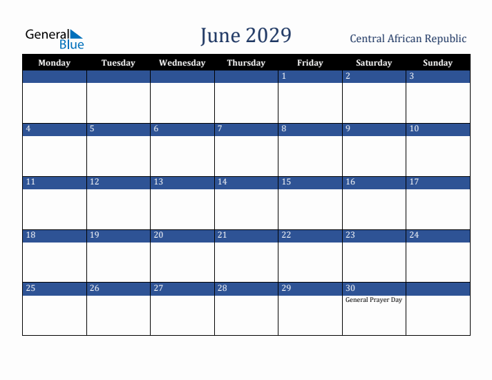 June 2029 Central African Republic Calendar (Monday Start)