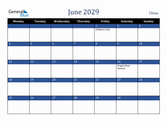 June 2029 China Calendar (Monday Start)