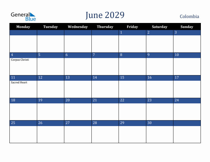 June 2029 Colombia Calendar (Monday Start)