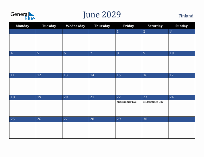 June 2029 Finland Calendar (Monday Start)