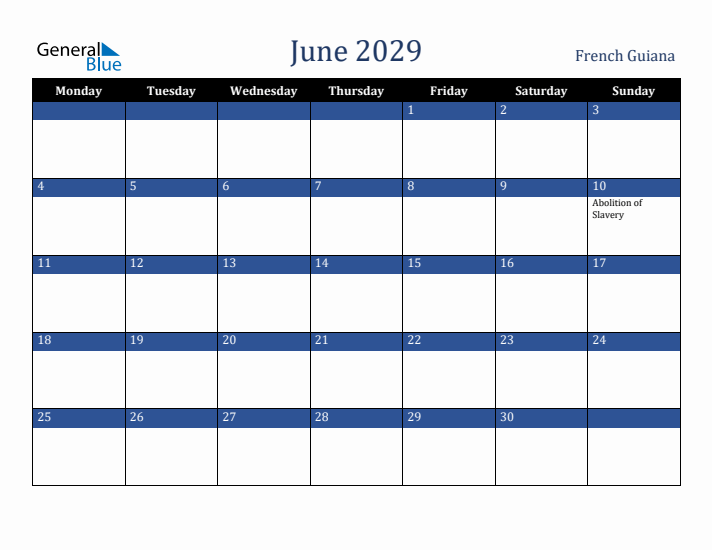 June 2029 French Guiana Calendar (Monday Start)
