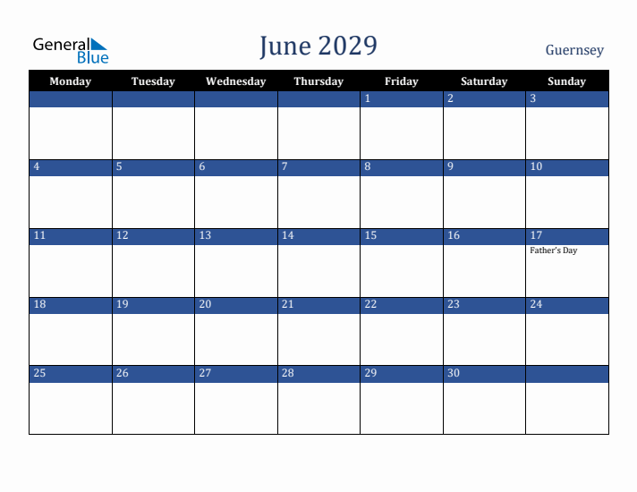 June 2029 Guernsey Calendar (Monday Start)