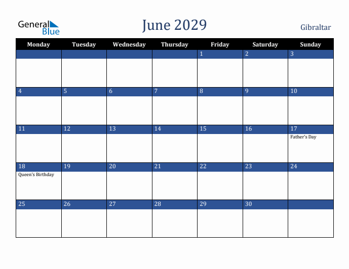 June 2029 Gibraltar Calendar (Monday Start)