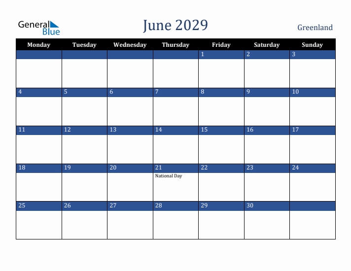 June 2029 Greenland Calendar (Monday Start)