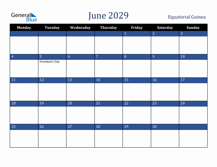 June 2029 Equatorial Guinea Calendar (Monday Start)