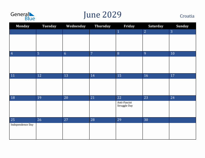 June 2029 Croatia Calendar (Monday Start)
