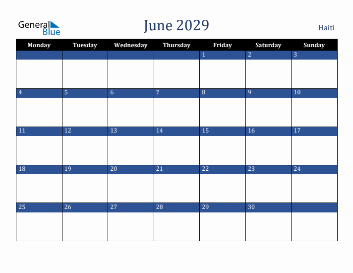 June 2029 Haiti Calendar (Monday Start)