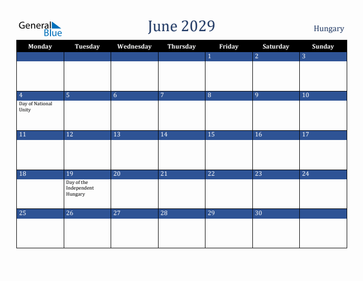 June 2029 Hungary Calendar (Monday Start)
