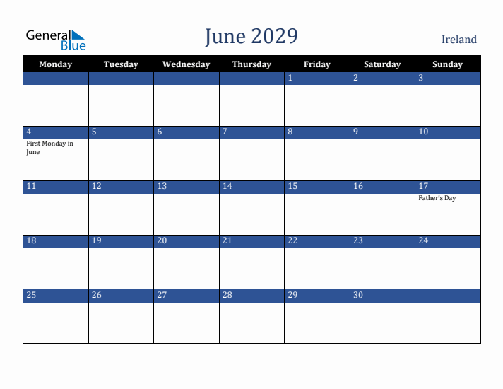 June 2029 Ireland Calendar (Monday Start)