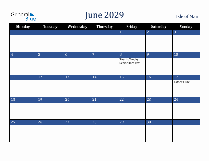 June 2029 Isle of Man Calendar (Monday Start)