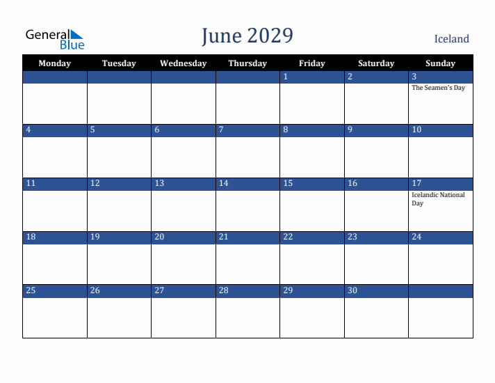 June 2029 Iceland Calendar (Monday Start)