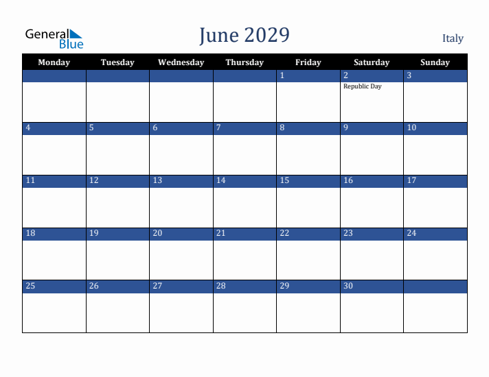 June 2029 Italy Calendar (Monday Start)