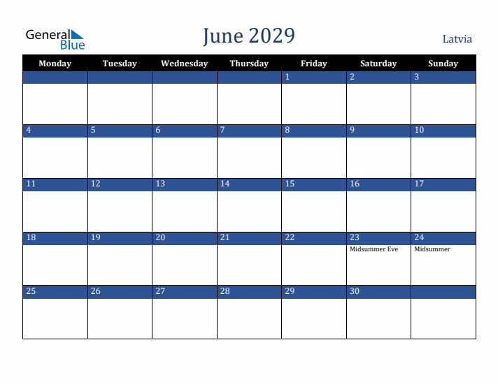 June 2029 Latvia Calendar (Monday Start)