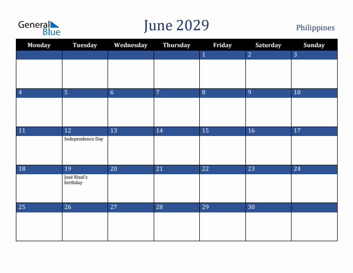 June 2029 Philippines Calendar (Monday Start)