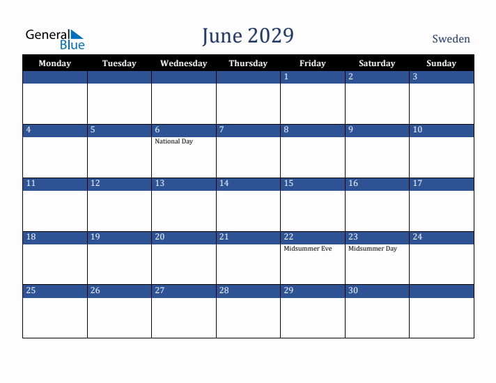 June 2029 Sweden Calendar (Monday Start)