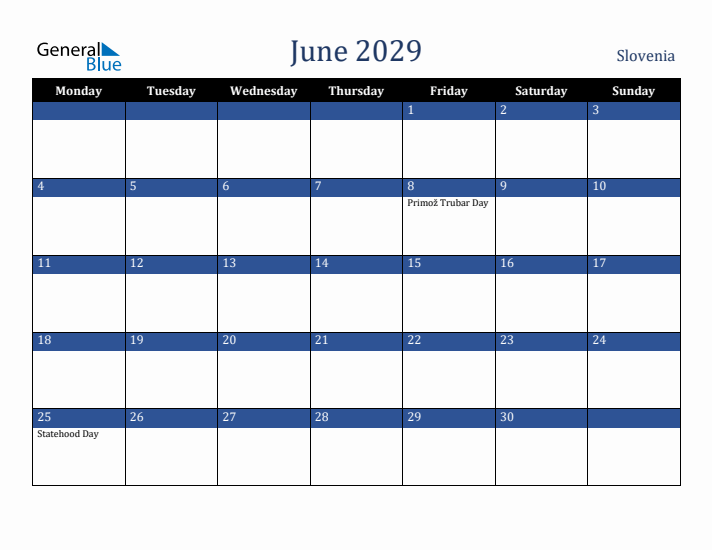 June 2029 Slovenia Calendar (Monday Start)