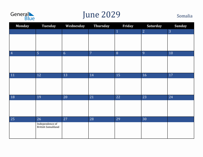 June 2029 Somalia Calendar (Monday Start)
