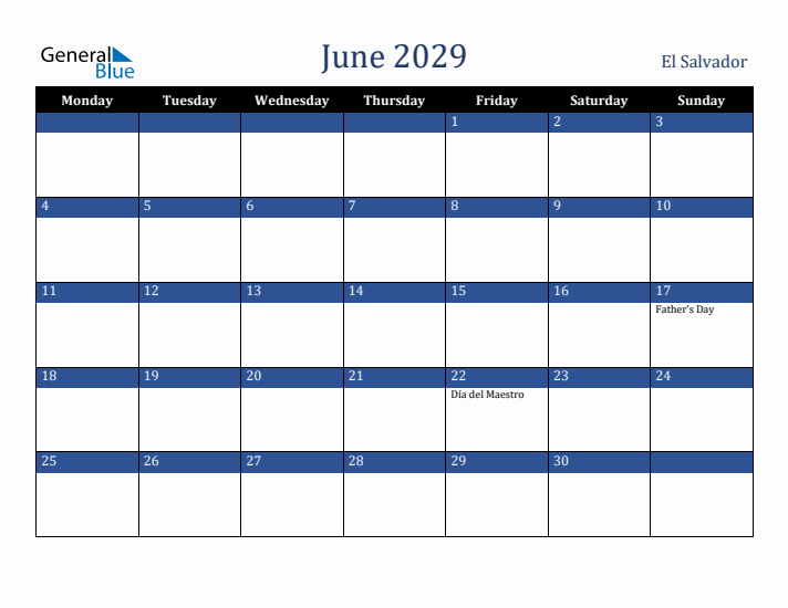 June 2029 El Salvador Calendar (Monday Start)