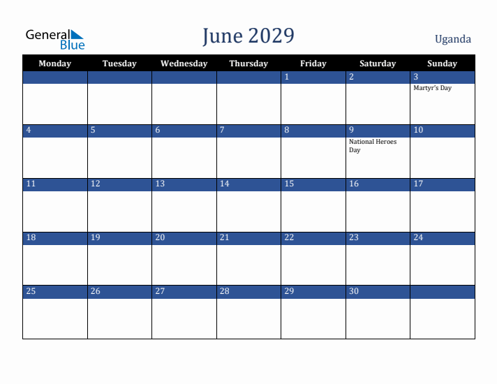 June 2029 Uganda Calendar (Monday Start)