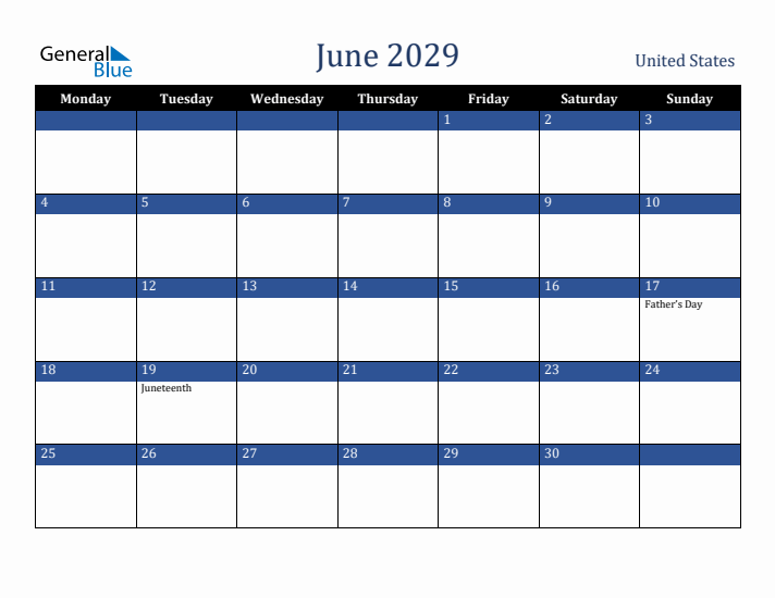 June 2029 United States Calendar (Monday Start)