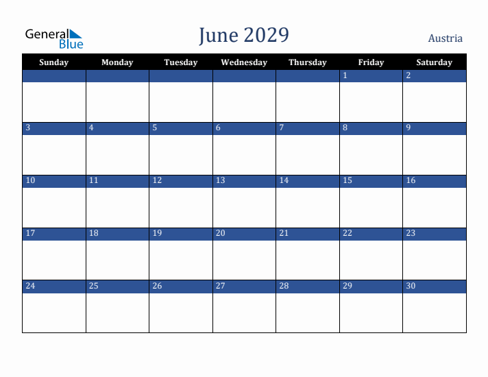 June 2029 Austria Calendar (Sunday Start)