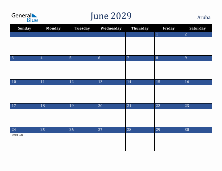 June 2029 Aruba Calendar (Sunday Start)