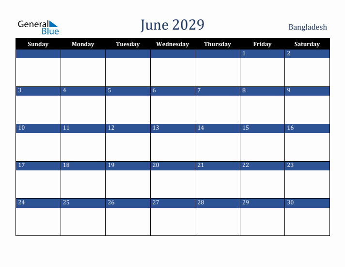 June 2029 Bangladesh Calendar (Sunday Start)