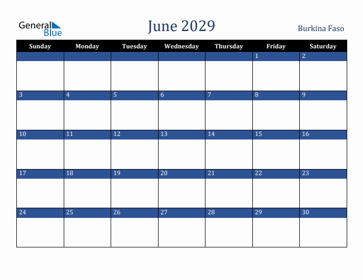 June 2029 Burkina Faso Calendar (Sunday Start)