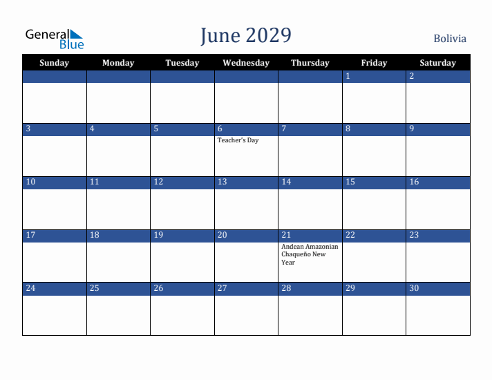 June 2029 Bolivia Calendar (Sunday Start)