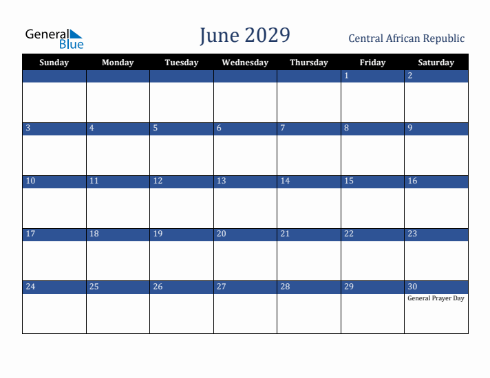 June 2029 Central African Republic Calendar (Sunday Start)