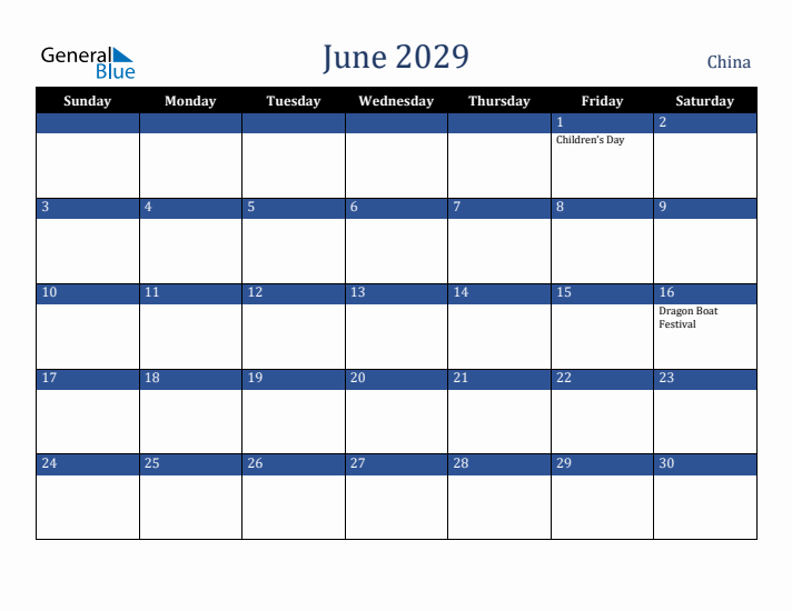June 2029 China Calendar (Sunday Start)