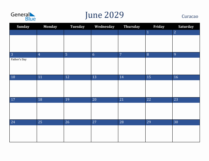 June 2029 Curacao Calendar (Sunday Start)