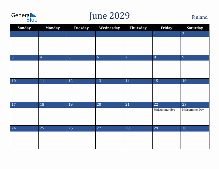 June 2029 Finland Calendar (Sunday Start)