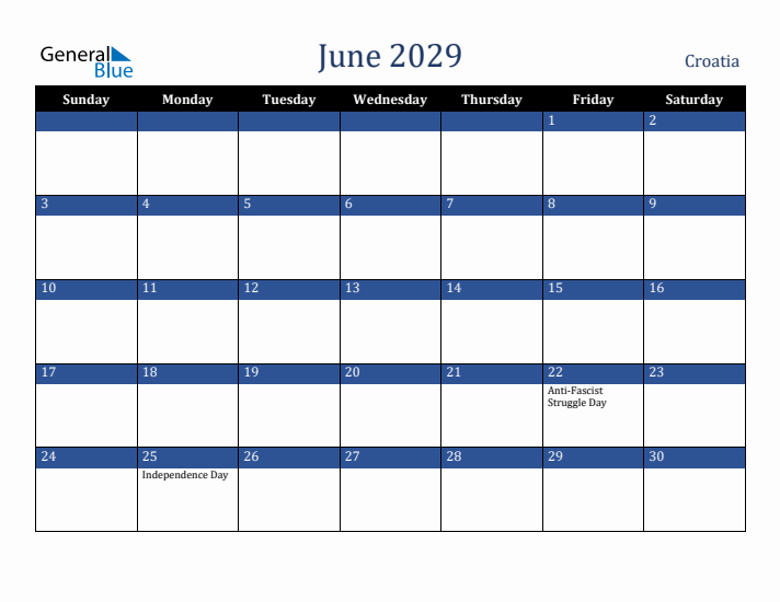 June 2029 Croatia Calendar (Sunday Start)