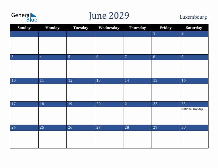 June 2029 Luxembourg Calendar (Sunday Start)