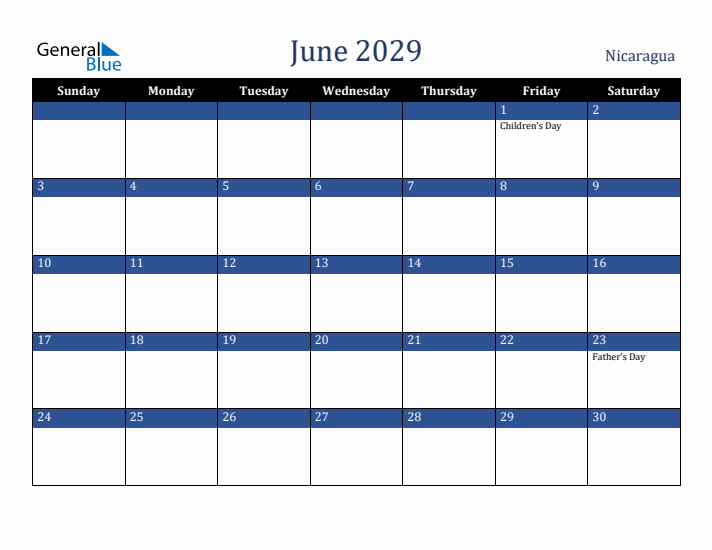 June 2029 Nicaragua Calendar (Sunday Start)