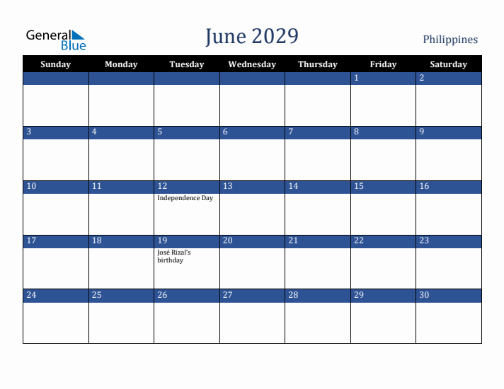 June 2029 Philippines Calendar (Sunday Start)