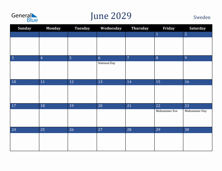 June 2029 Sweden Calendar (Sunday Start)