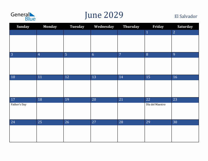 June 2029 El Salvador Calendar (Sunday Start)
