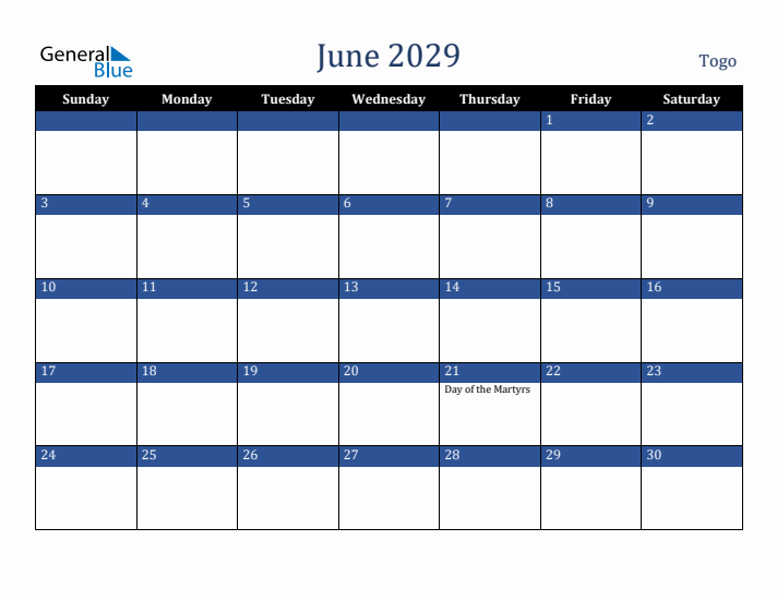 June 2029 Togo Calendar (Sunday Start)
