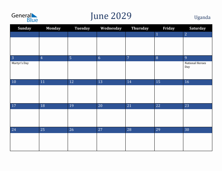 June 2029 Uganda Calendar (Sunday Start)